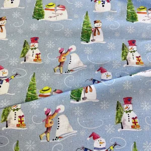 100% Cotton - Christmas - Snowman Scenery - £6.50 Per Metre - Sold by Half Metre