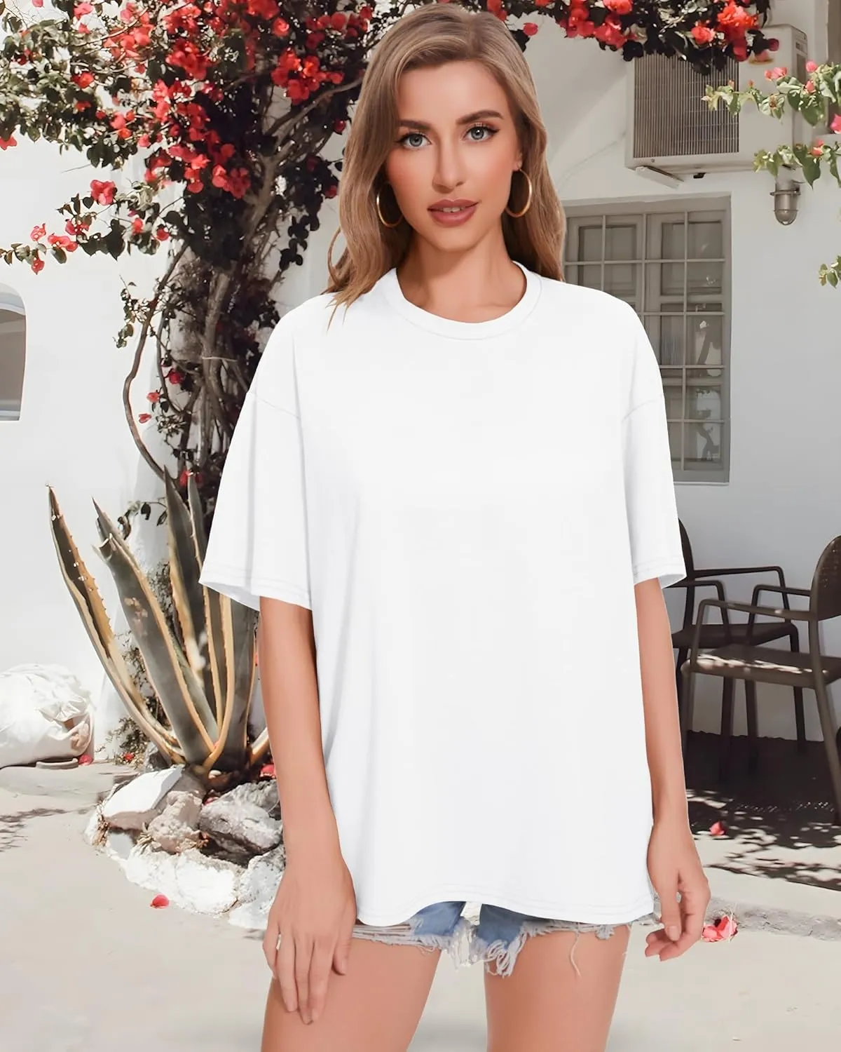 ADOREJOY Oversized Tshirts for Women Crewneck Summer Short Sleeve Loose Graphic Basic Tees