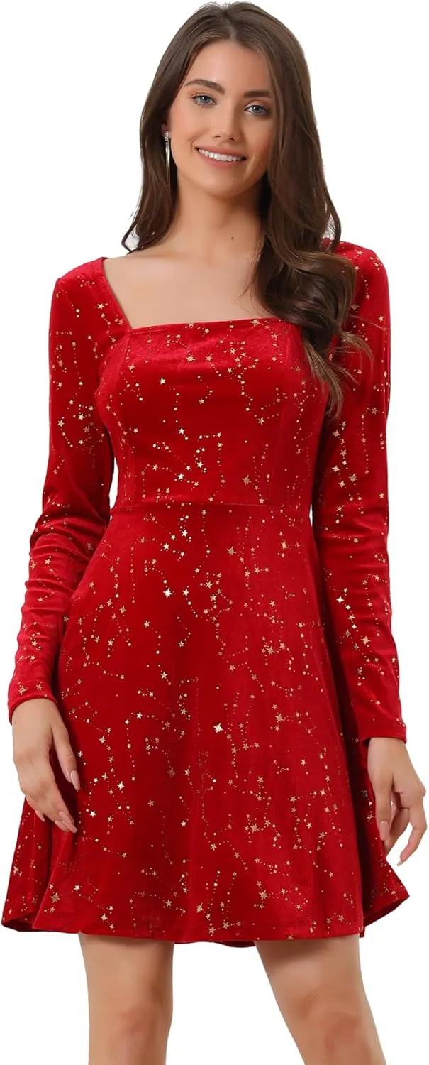 Allegra K Women's Fall Winter Velvet Long Sleeve Dresses Star Square Neck A Line Mini Dress for Party Cocktail Christmas