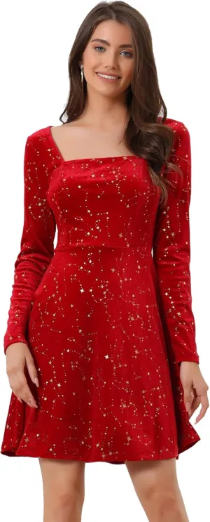 Allegra K Women's Fall Winter Velvet Long Sleeve Dresses Star Square Neck A Line Mini Dress for Party Cocktail Christmas