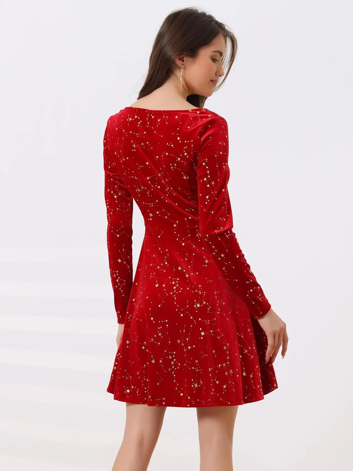 Allegra K Women's Fall Winter Velvet Long Sleeve Dresses Star Square Neck A Line Mini Dress for Party Cocktail Christmas
