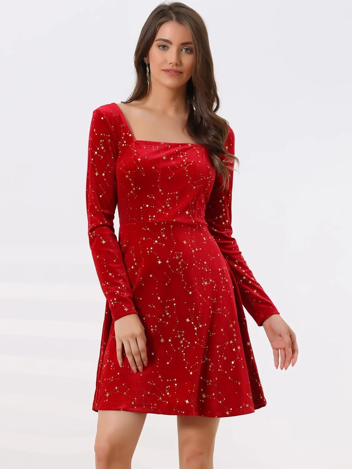 Allegra K Women's Fall Winter Velvet Long Sleeve Dresses Star Square Neck A Line Mini Dress for Party Cocktail Christmas