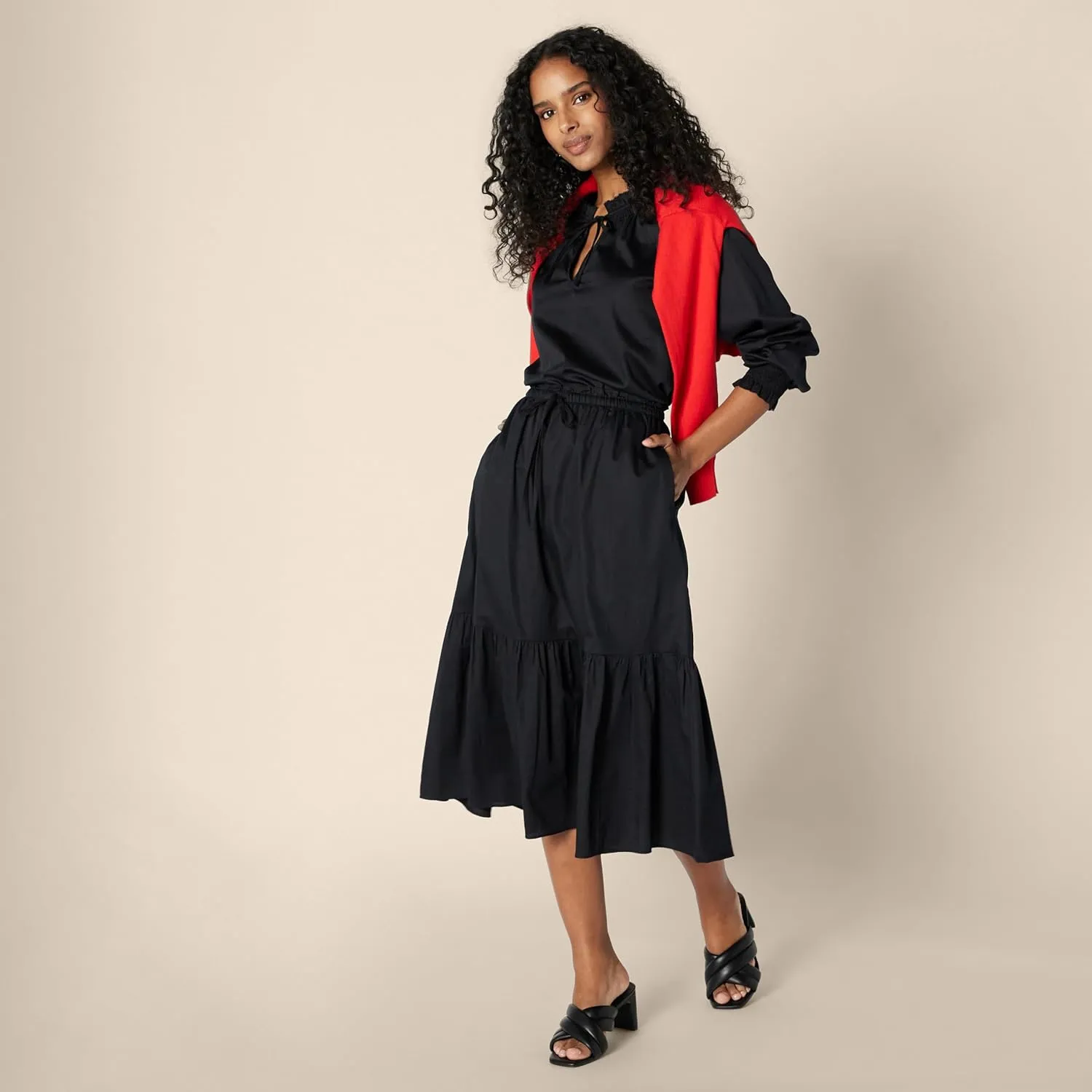 Amazon Essentials Women's Mid-Rise A-line Cotton Sateen Tiered Midi Skirt (Top Sold Separately)
