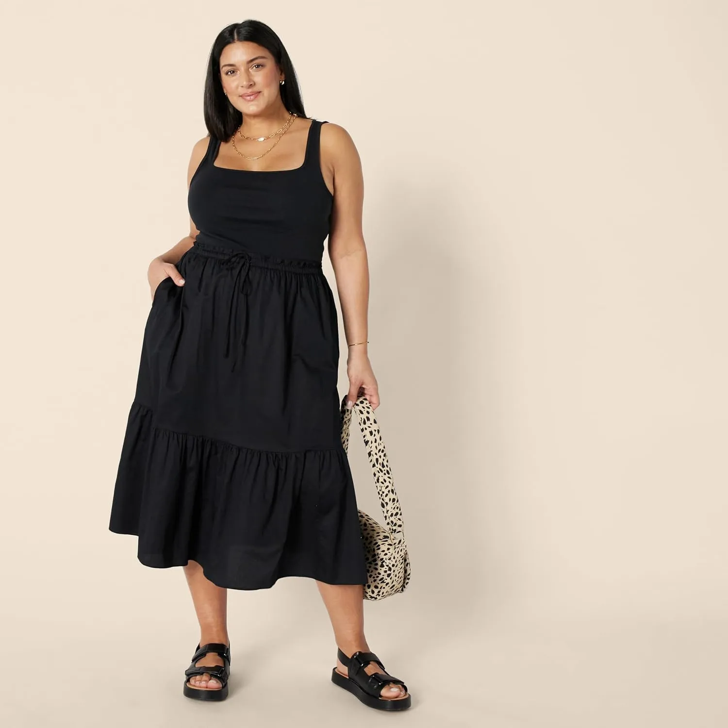 Amazon Essentials Women's Mid-Rise A-line Cotton Sateen Tiered Midi Skirt (Top Sold Separately)