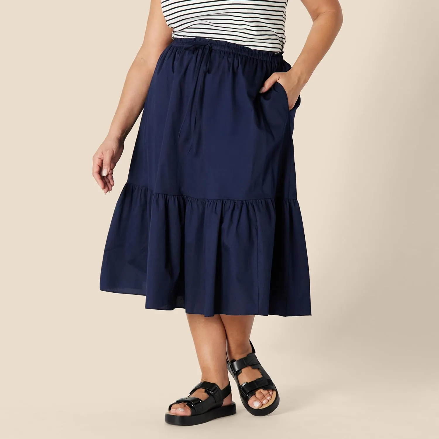 Amazon Essentials Women's Mid-Rise A-line Cotton Sateen Tiered Midi Skirt (Top Sold Separately)