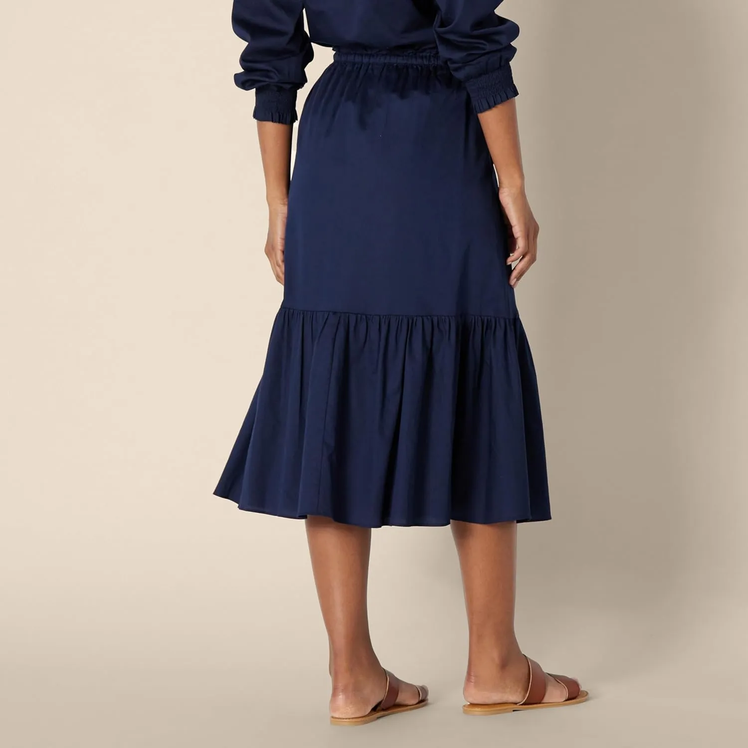 Amazon Essentials Women's Mid-Rise A-line Cotton Sateen Tiered Midi Skirt (Top Sold Separately)