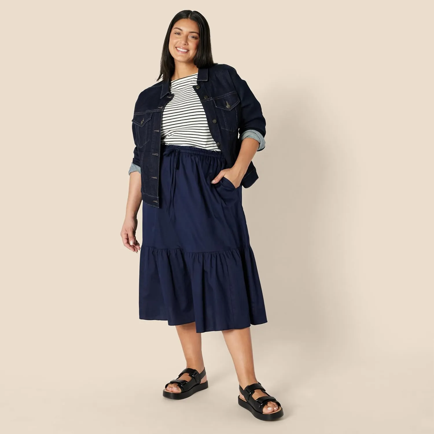 Amazon Essentials Women's Mid-Rise A-line Cotton Sateen Tiered Midi Skirt (Top Sold Separately)