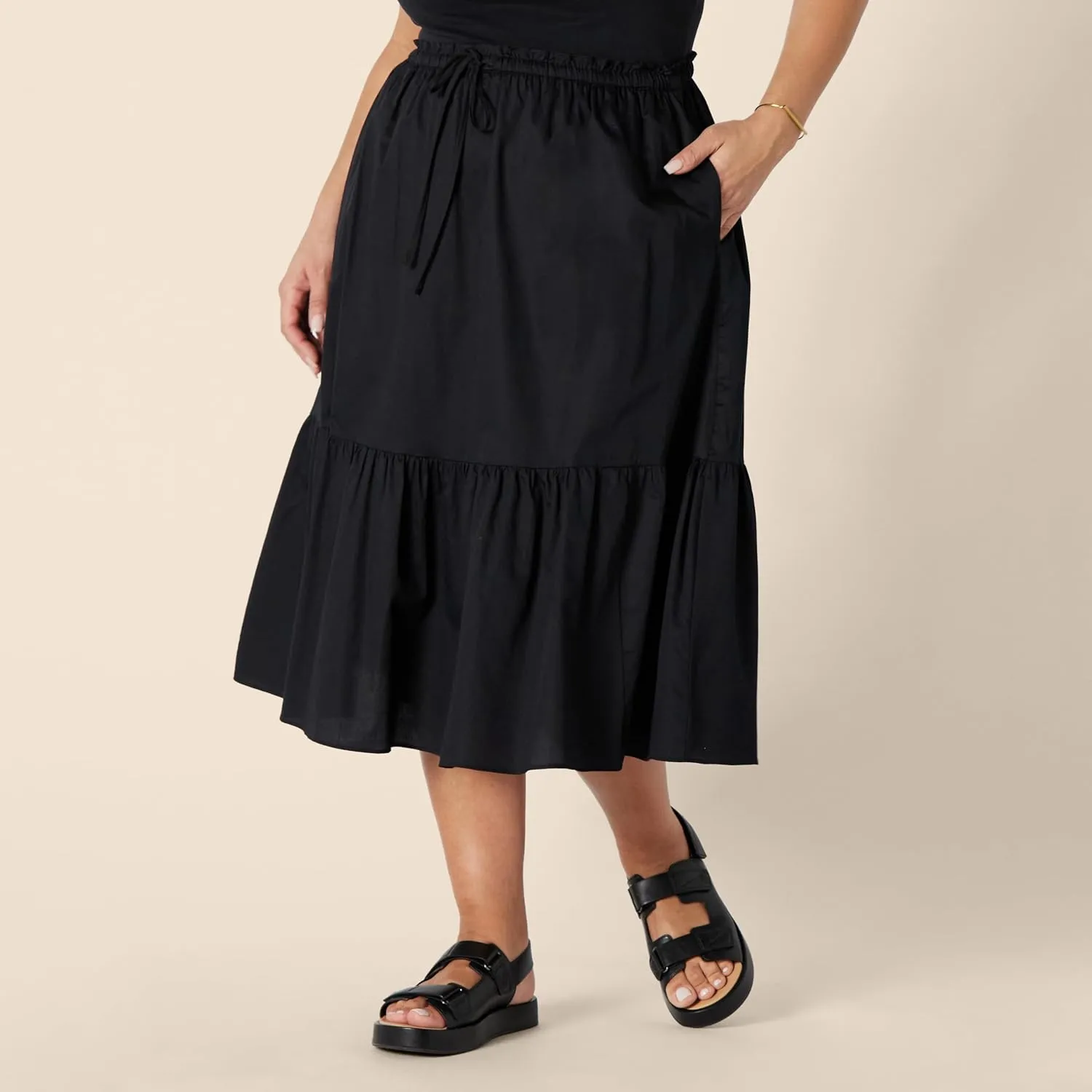 Amazon Essentials Women's Mid-Rise A-line Cotton Sateen Tiered Midi Skirt (Top Sold Separately)