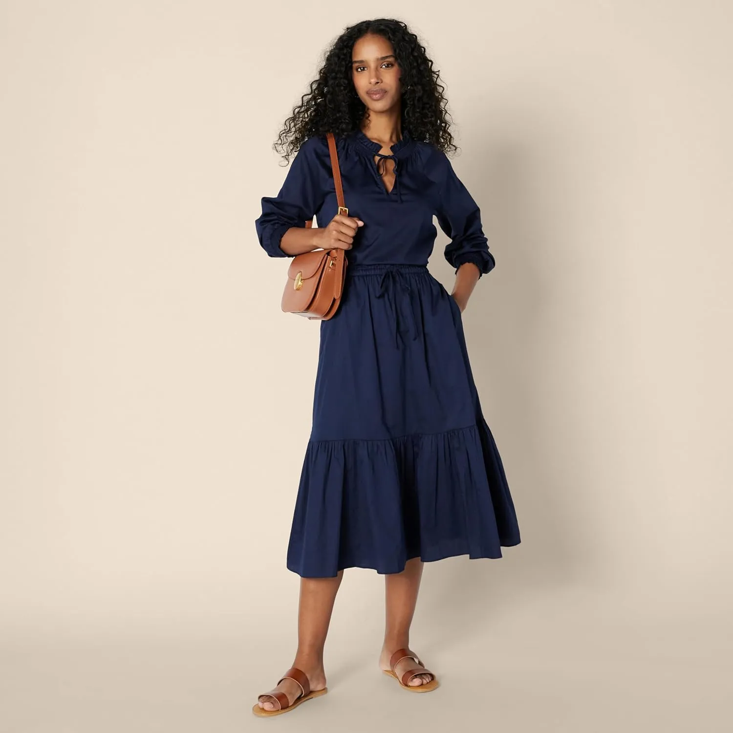 Amazon Essentials Women's Mid-Rise A-line Cotton Sateen Tiered Midi Skirt (Top Sold Separately)