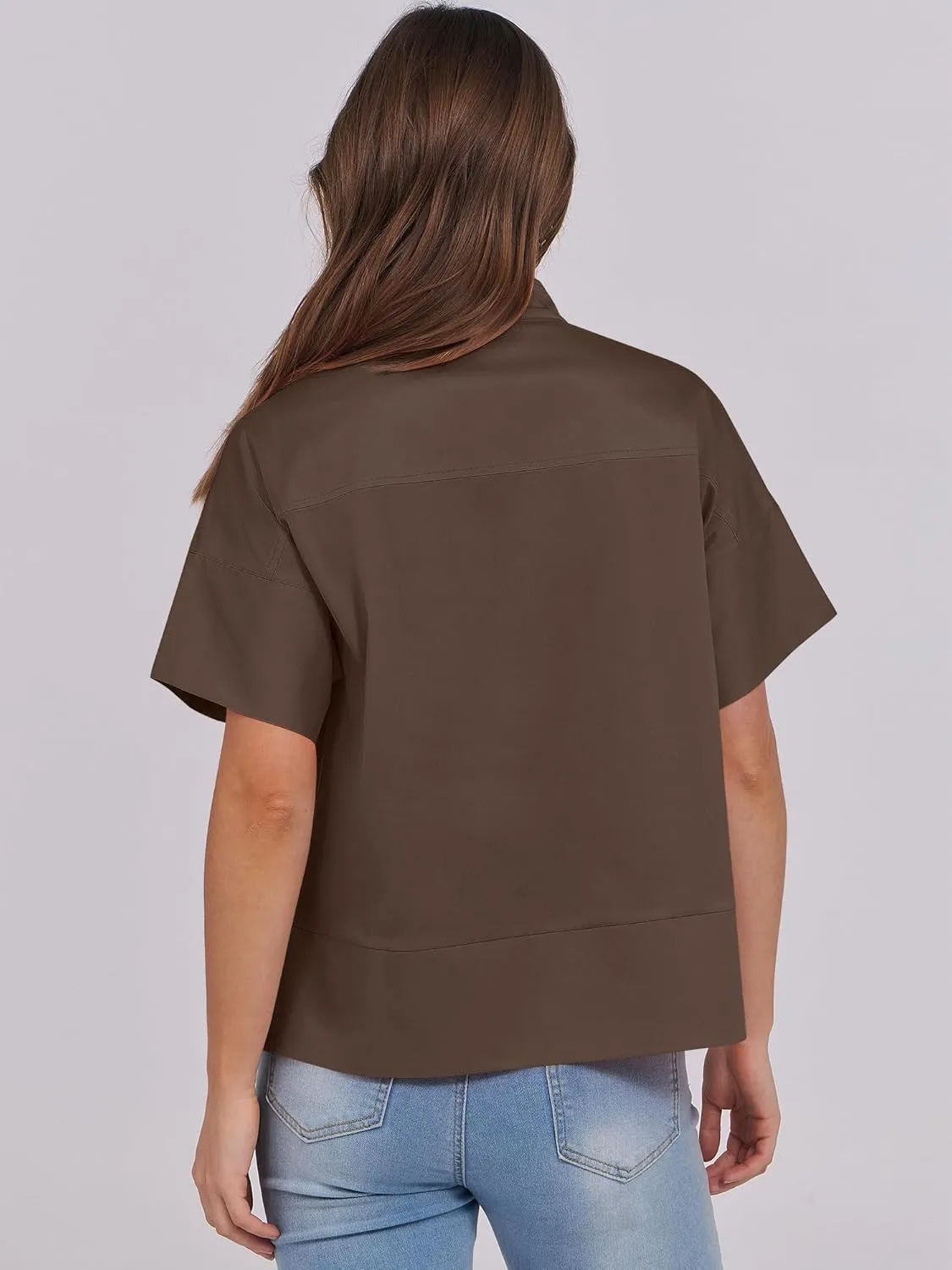 ANRABESS Women Short Sleeve Button Down Cropped Shirts Oversized Boxy Loose Fit Dressy Business Casual Office Work Top Blouse
