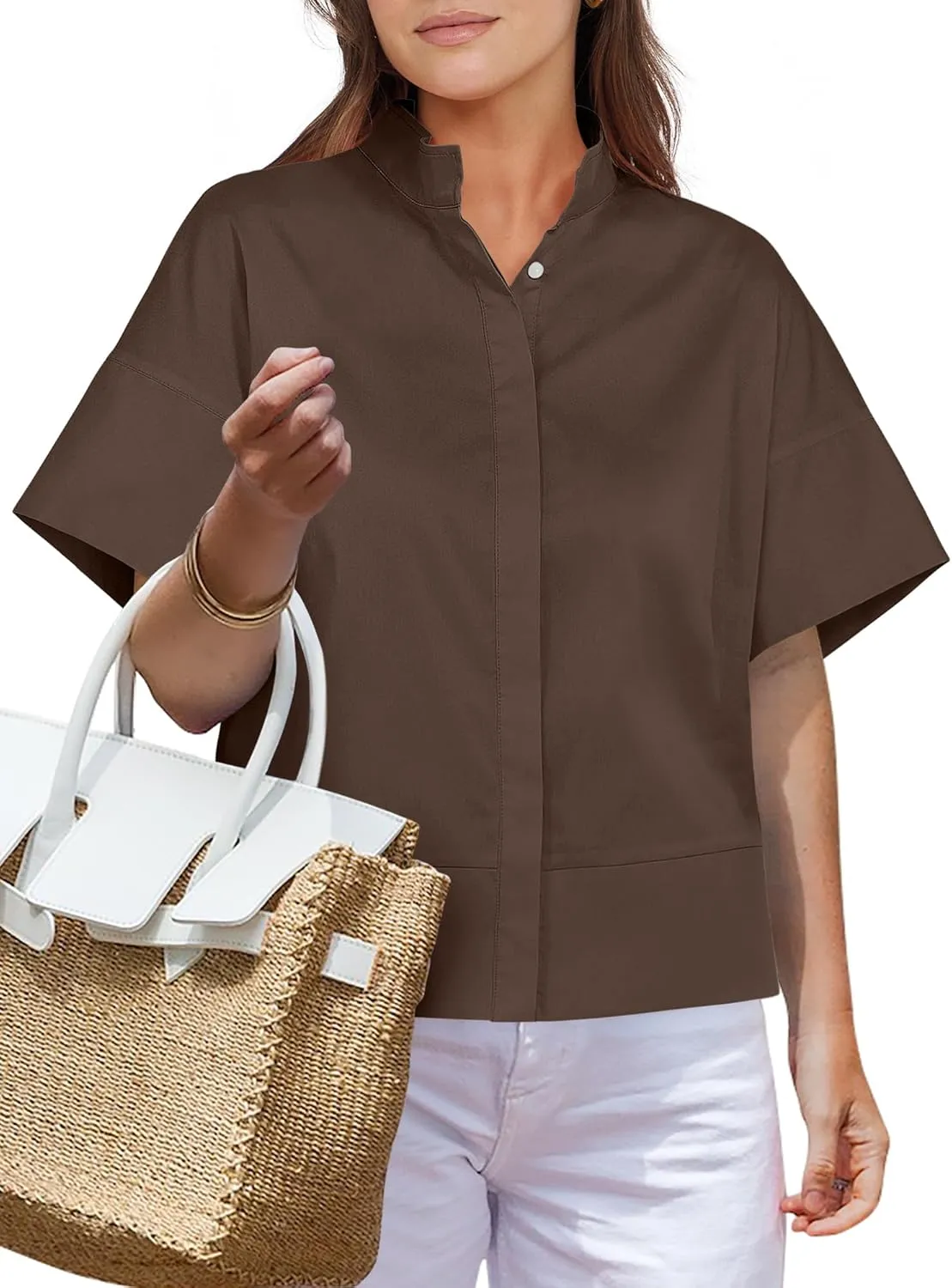 ANRABESS Women Short Sleeve Button Down Cropped Shirts Oversized Boxy Loose Fit Dressy Business Casual Office Work Top Blouse