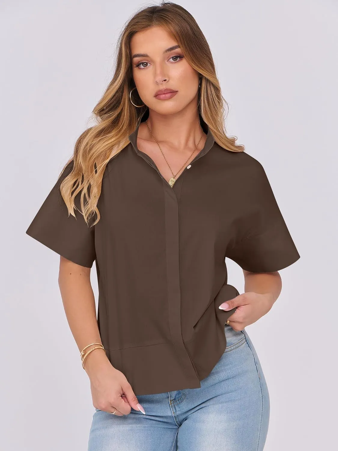 ANRABESS Women Short Sleeve Button Down Cropped Shirts Oversized Boxy Loose Fit Dressy Business Casual Office Work Top Blouse
