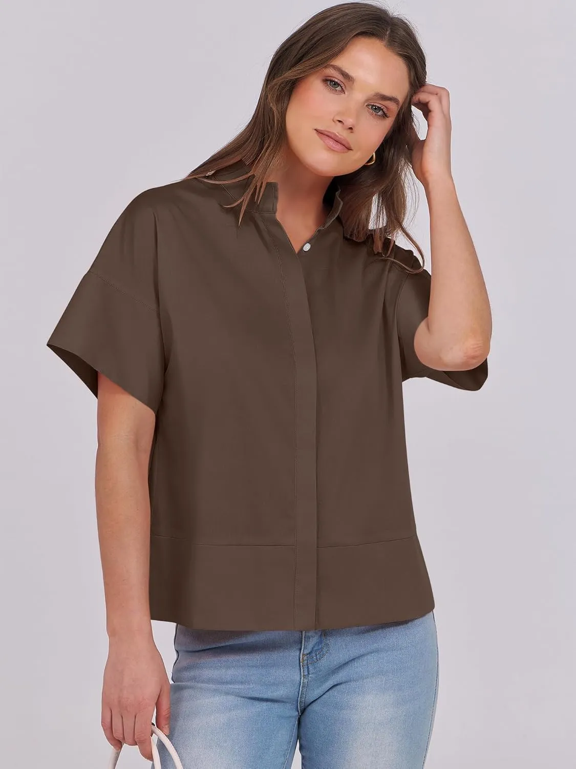 ANRABESS Women Short Sleeve Button Down Cropped Shirts Oversized Boxy Loose Fit Dressy Business Casual Office Work Top Blouse