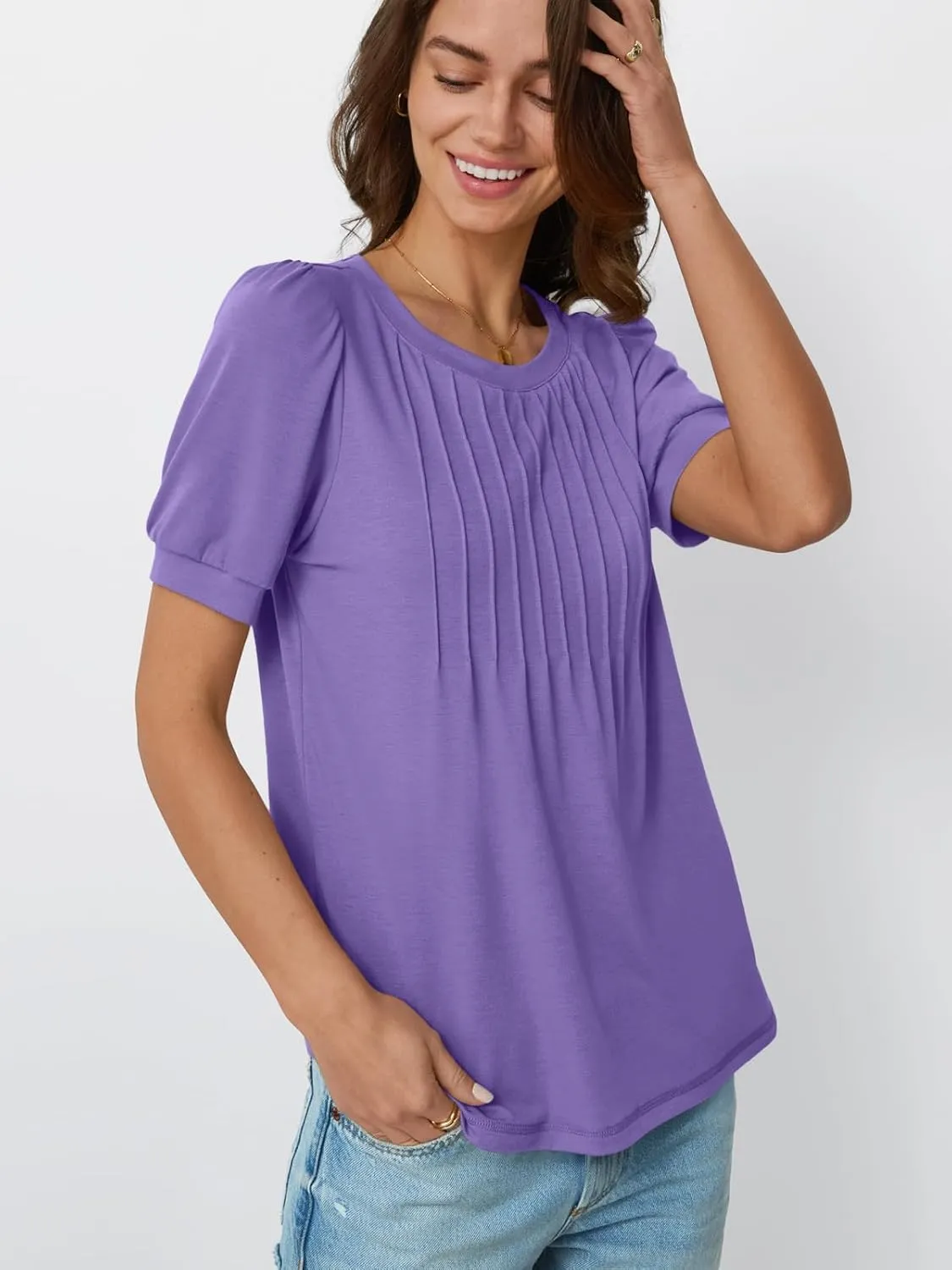 AUTOMET Womens Tops Short Sleeve T-Shirts Blouses Dressy Casual Business Puff Pleated Summer Fashion 2025 Basic Comfy Clothes