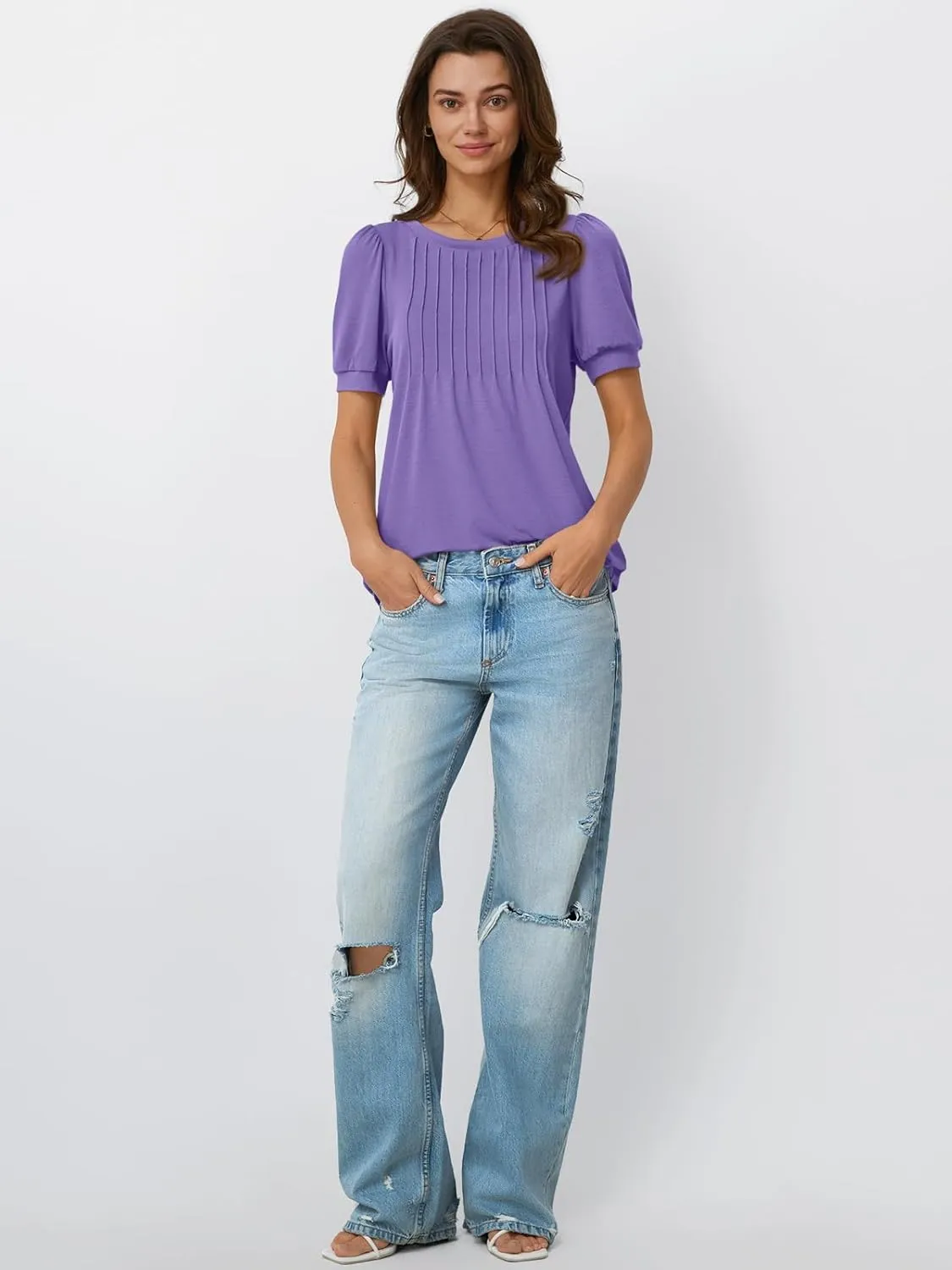 AUTOMET Womens Tops Short Sleeve T-Shirts Blouses Dressy Casual Business Puff Pleated Summer Fashion 2025 Basic Comfy Clothes