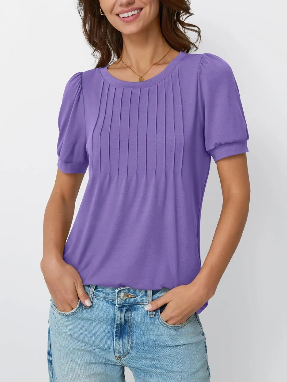 AUTOMET Womens Tops Short Sleeve T-Shirts Blouses Dressy Casual Business Puff Pleated Summer Fashion 2025 Basic Comfy Clothes