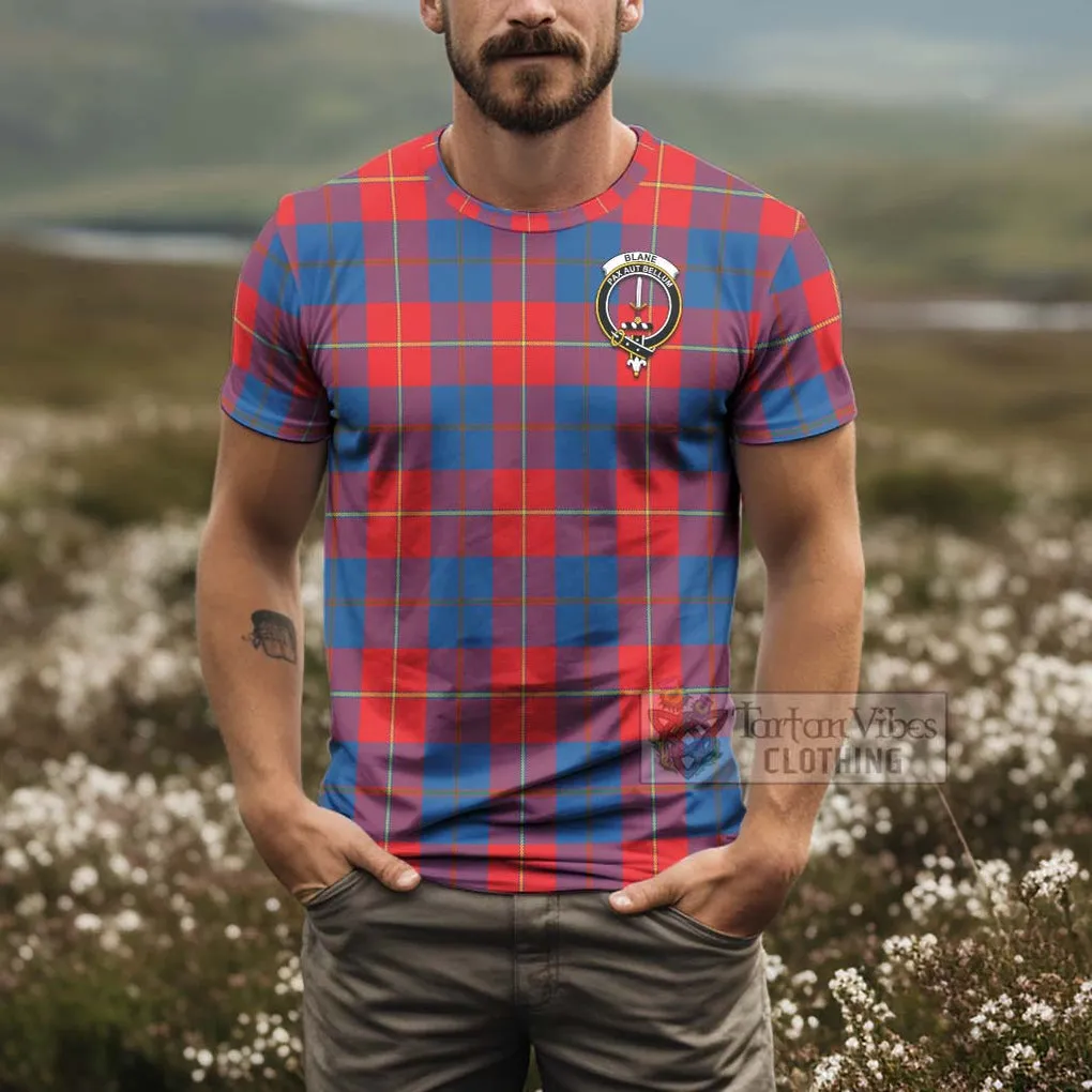 Blane Tartan T-Shirt with Family Crest and Bearded Skull Holding Bottles of Whiskey