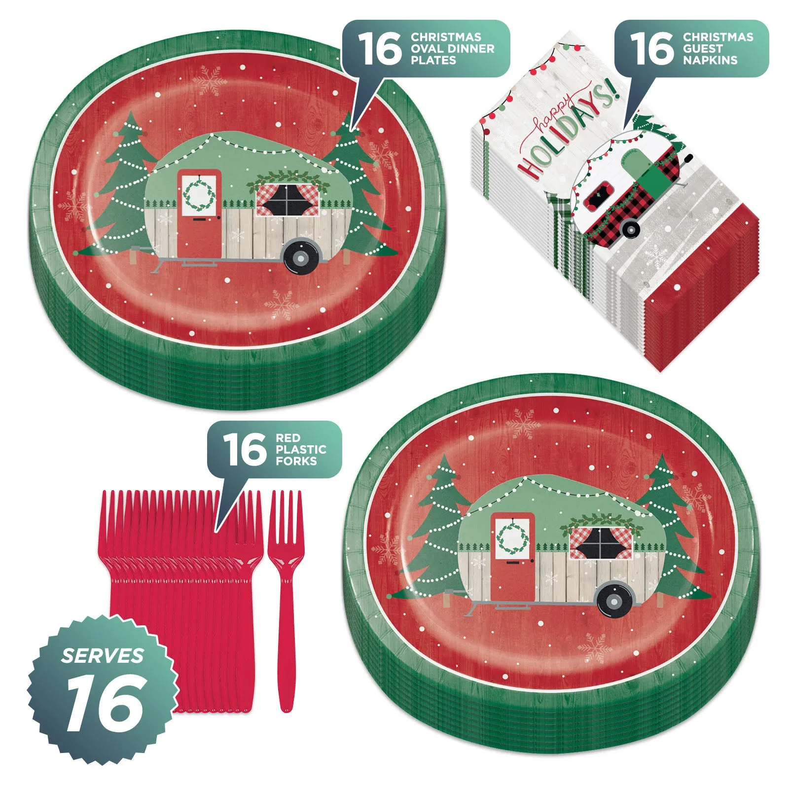 Christmas Camper Holiday Van Large Oval Paper Dinner Plates, Guest Napkins, and Forks (Serves 16)