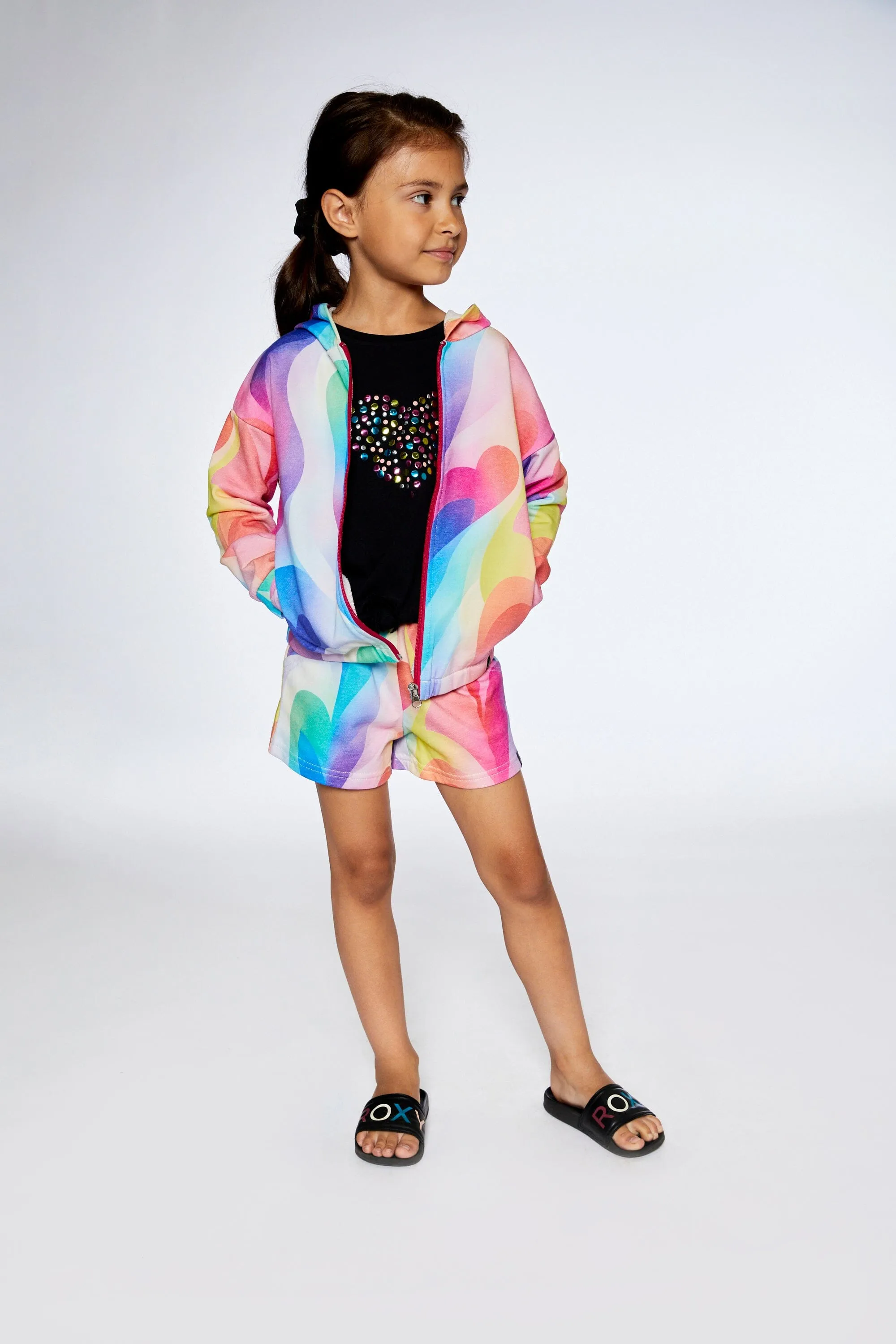 French Terry Hooded Cardigan Printed Rainbow Heart