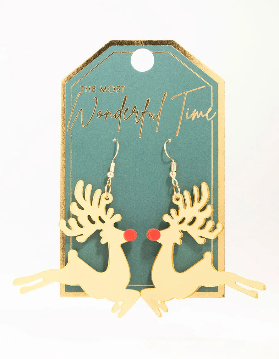 Gold Acrylic Reindeer Drop Earrings
