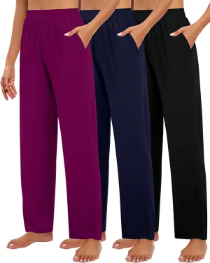 Huukeay 3 Pack Women's Lounge Pants, Cozy Wide Leg Lounge Pants with Pockets Loose Flowy Yoga Sweatpants Workout Comfy Jogger
