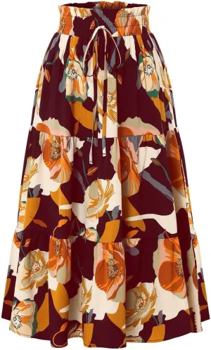Maxi Skirts for Women 2025 Floral Boho Comfy Tiered Elastic High Waisted Vacation A-Line Flowy Swing Long Skirt