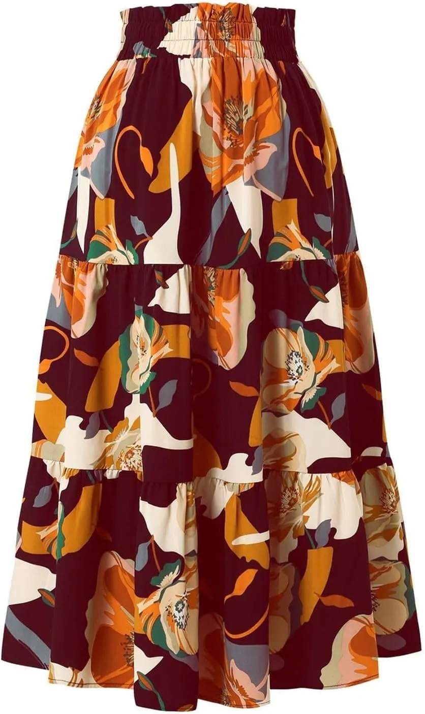 Maxi Skirts for Women 2025 Floral Boho Comfy Tiered Elastic High Waisted Vacation A-Line Flowy Swing Long Skirt