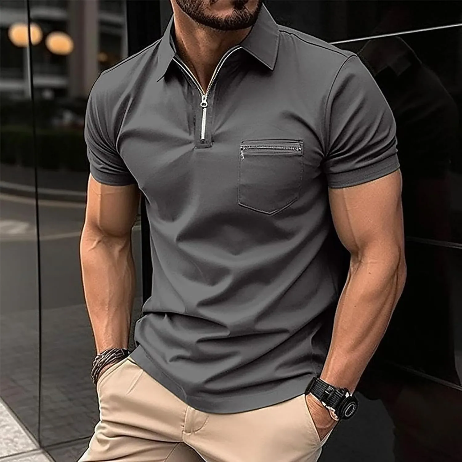 Mens Classic Polo Shirt Casual Short Sleeve Plaid Splice T-Shirts Regular-Fit Business&Golf Polo Shirts
