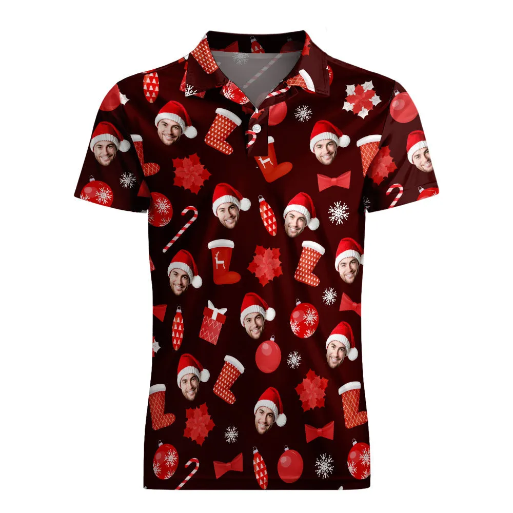 Men's Custom Face Christmas Polo-Shirts Short Sleeve Golf Tees Red Outdoor Sport Tennis Tops