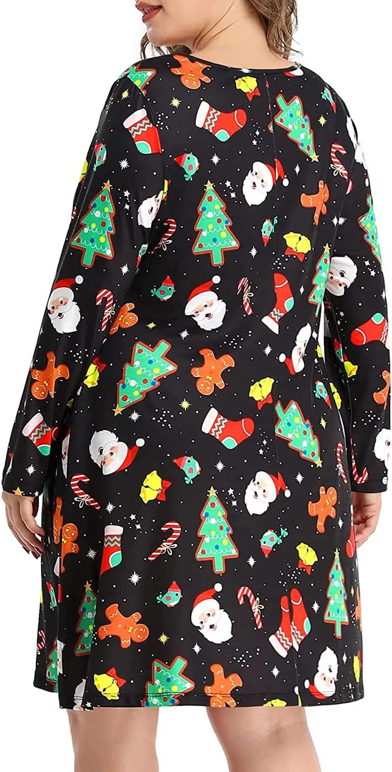Pinup Fashion Women's Long Sleeve Plus Size Dress Casual T-Shirt Swing Loose Dresses with Pockets