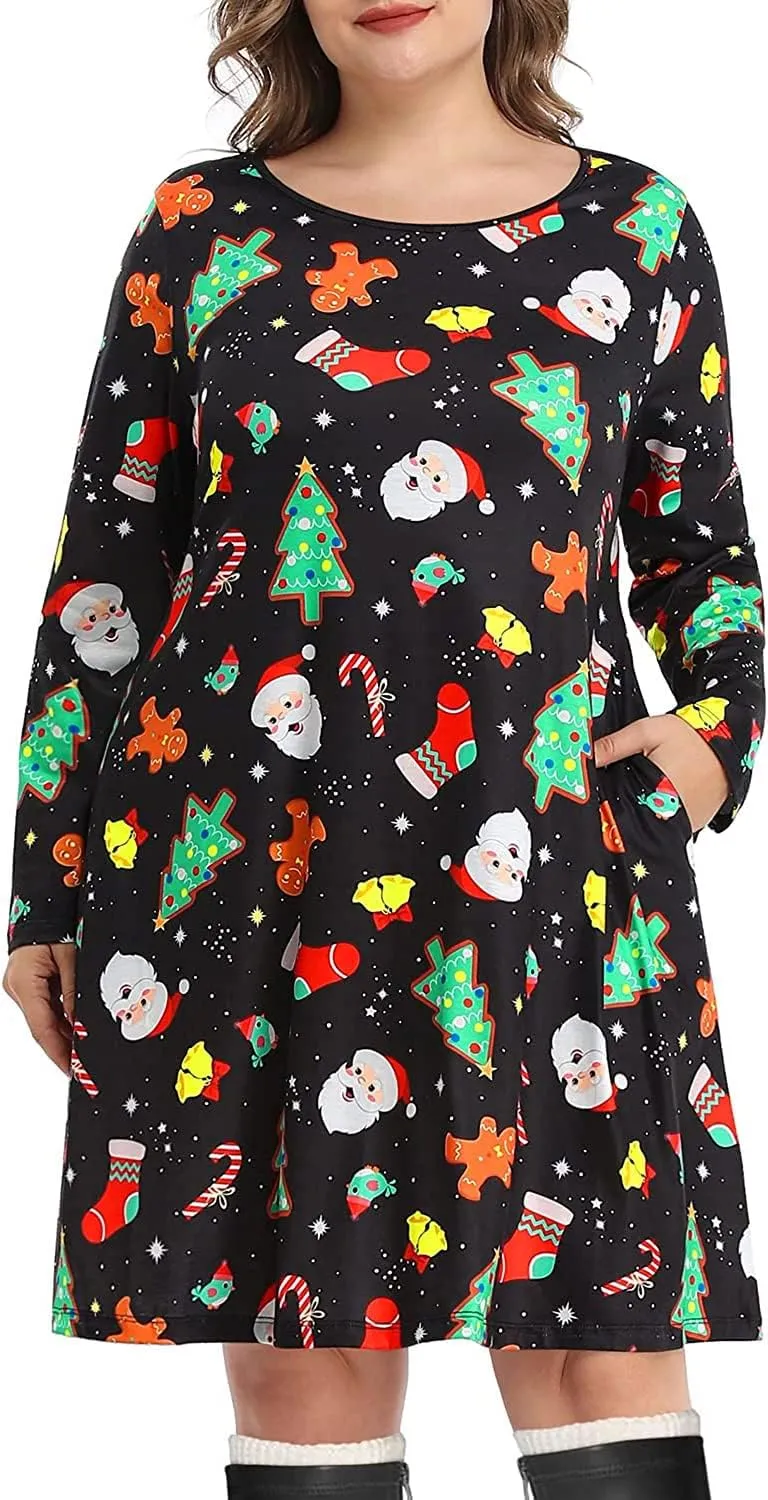 Pinup Fashion Women's Long Sleeve Plus Size Dress Casual T-Shirt Swing Loose Dresses with Pockets