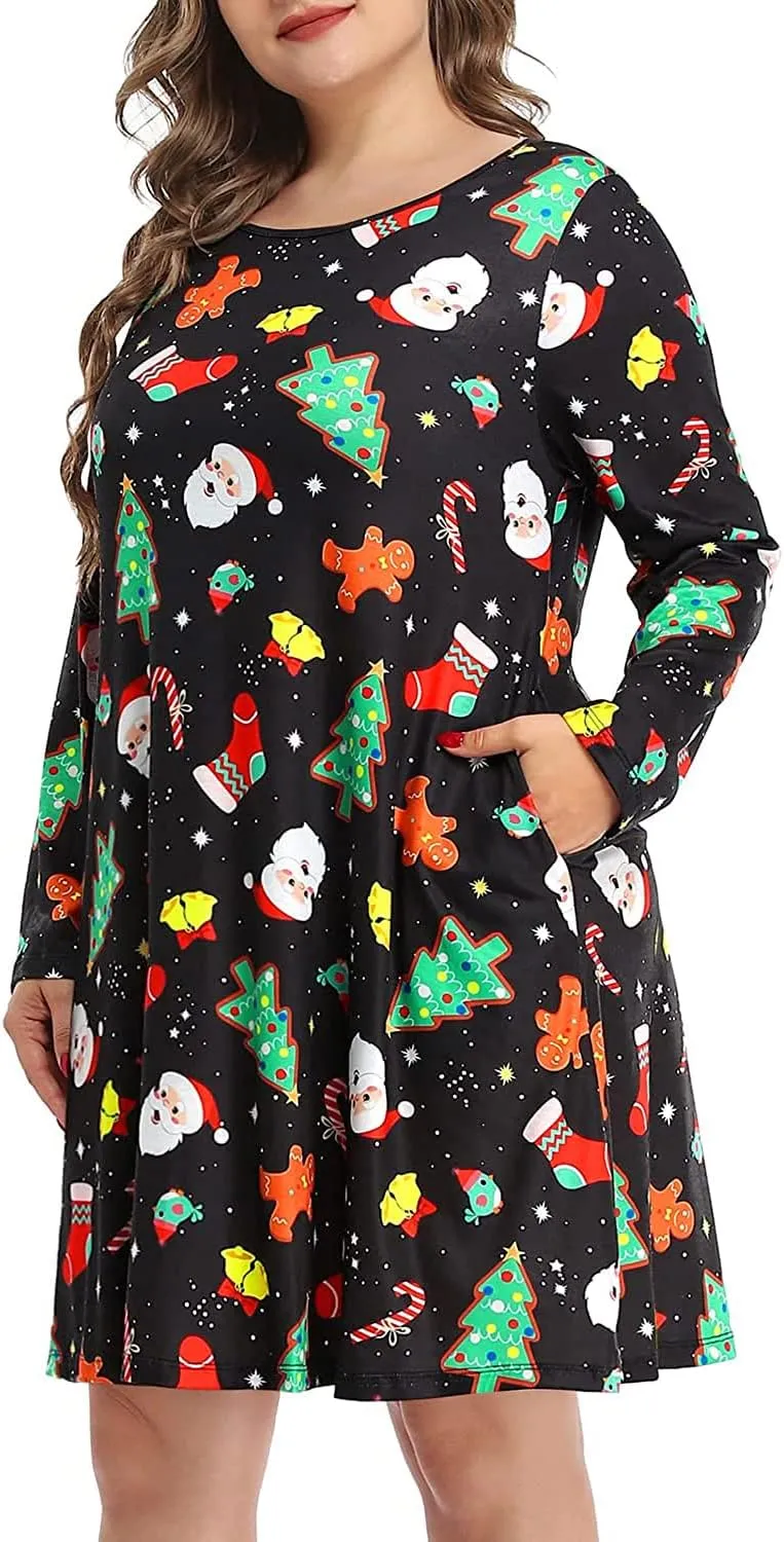 Pinup Fashion Women's Long Sleeve Plus Size Dress Casual T-Shirt Swing Loose Dresses with Pockets