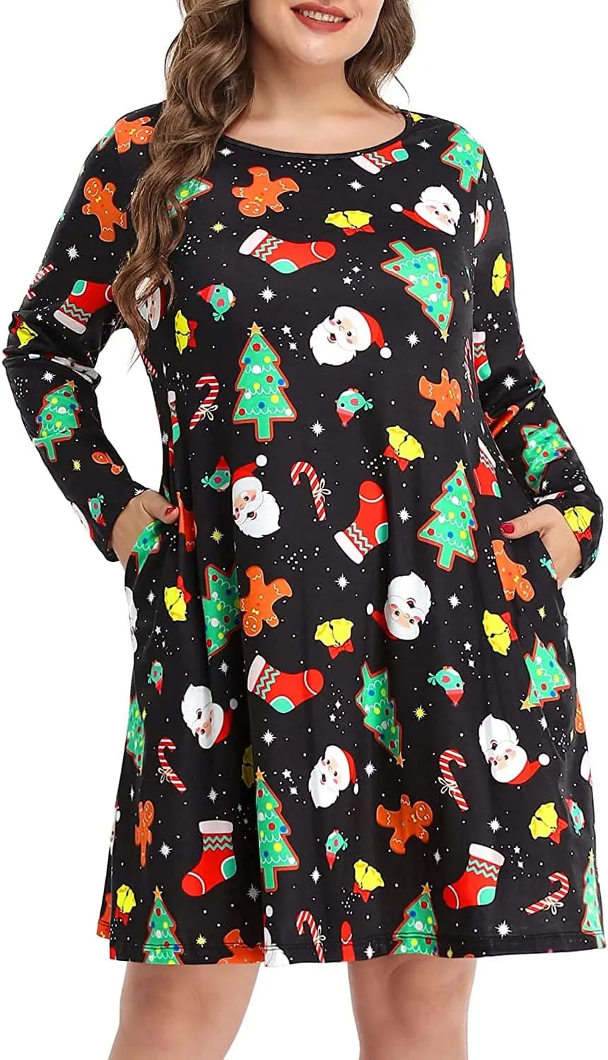 Pinup Fashion Women's Long Sleeve Plus Size Dress Casual T-Shirt Swing Loose Dresses with Pockets