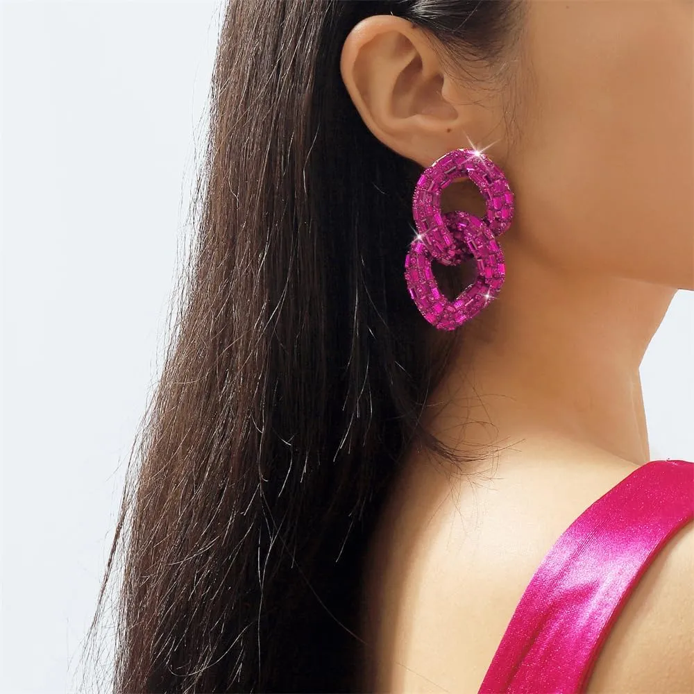 Rhinestone Big Chain Dangle Earrings for Women Girls Gold-Tone Fashion Lightweight Exaggerated Tassel Link Chains Beaded Statement Drop Stud Earring Hypoallergenic Geometric Christmas Festival Theme Party Jewelry
