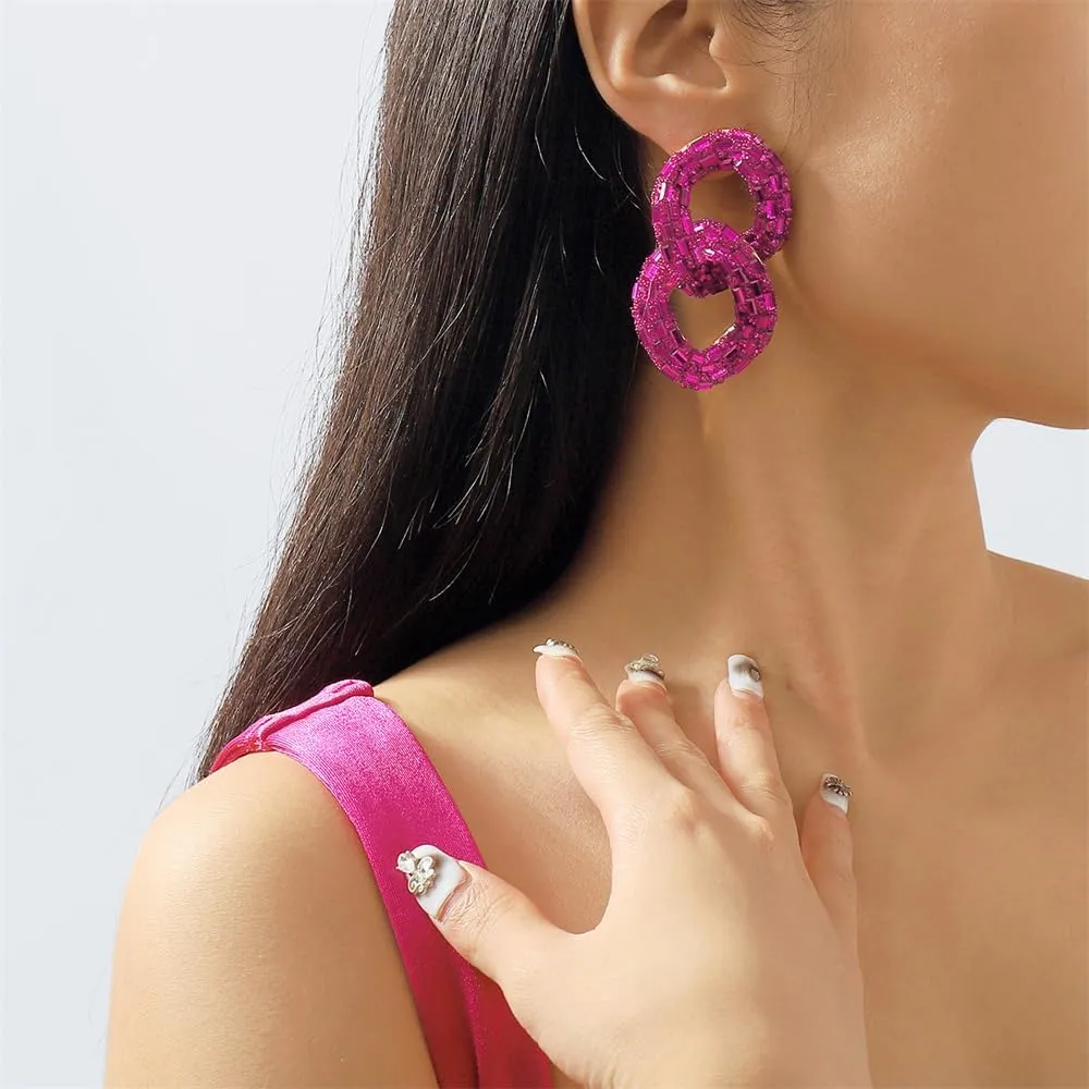 Rhinestone Big Chain Dangle Earrings for Women Girls Gold-Tone Fashion Lightweight Exaggerated Tassel Link Chains Beaded Statement Drop Stud Earring Hypoallergenic Geometric Christmas Festival Theme Party Jewelry