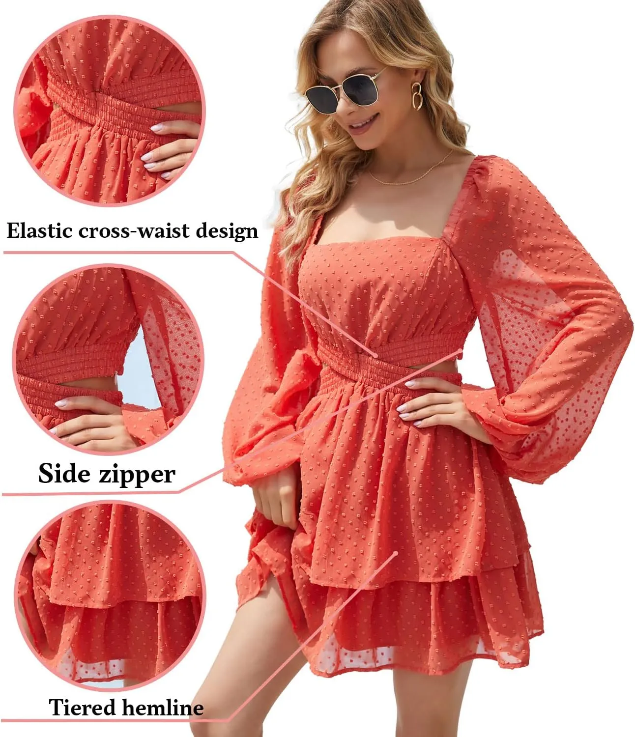 Shy Velvet Women's Long Sleeve Summer Dress Square Neck Crossover Waist Casual Party Mini Dress