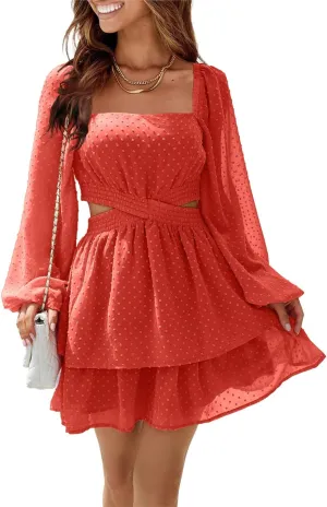 Shy Velvet Women's Long Sleeve Summer Dress Square Neck Crossover Waist Casual Party Mini Dress