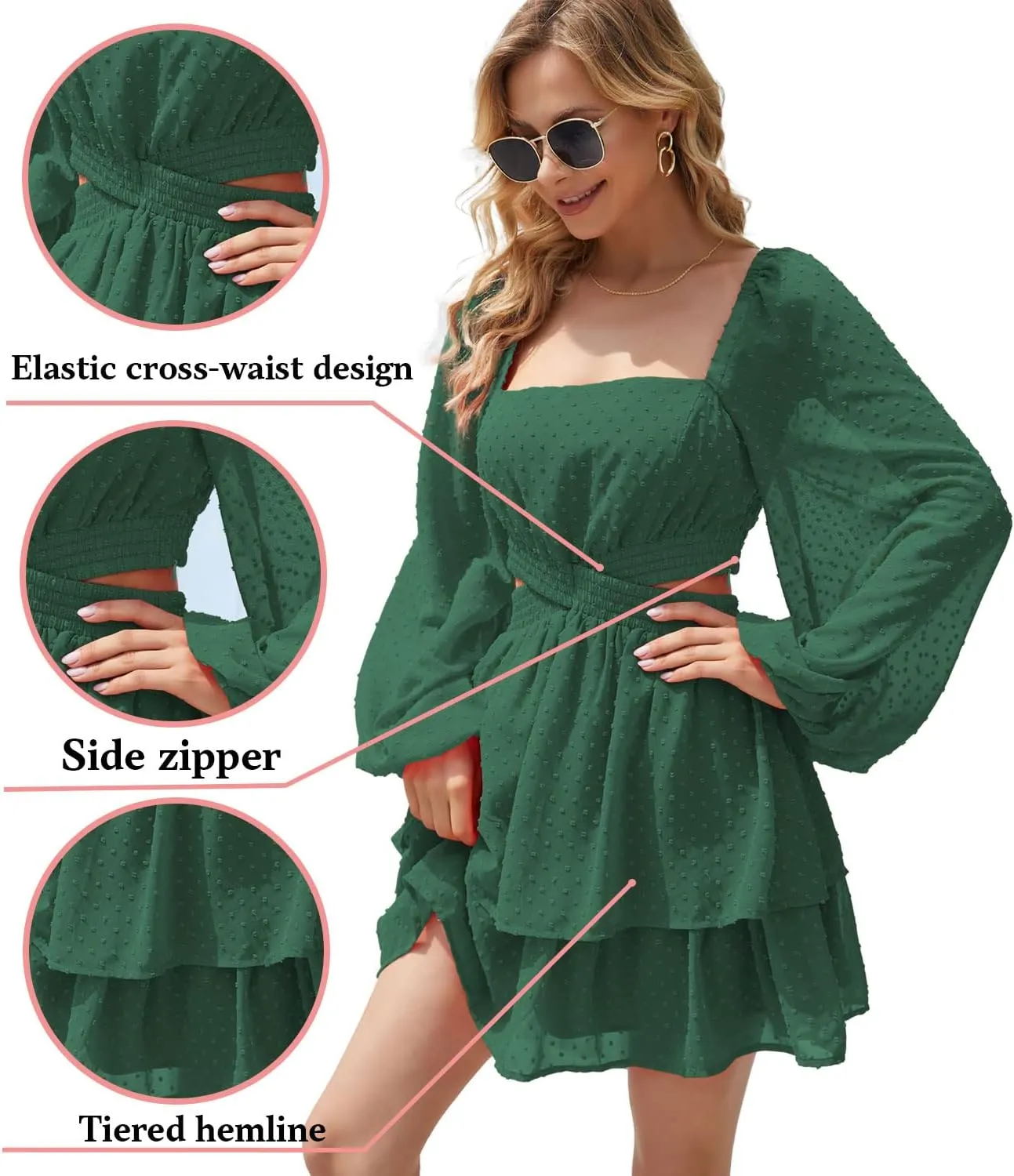 Shy Velvet Women's Long Sleeve Summer Dress Square Neck Crossover Waist Casual Party Mini Dress