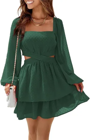 Shy Velvet Women's Long Sleeve Summer Dress Square Neck Crossover Waist Casual Party Mini Dress