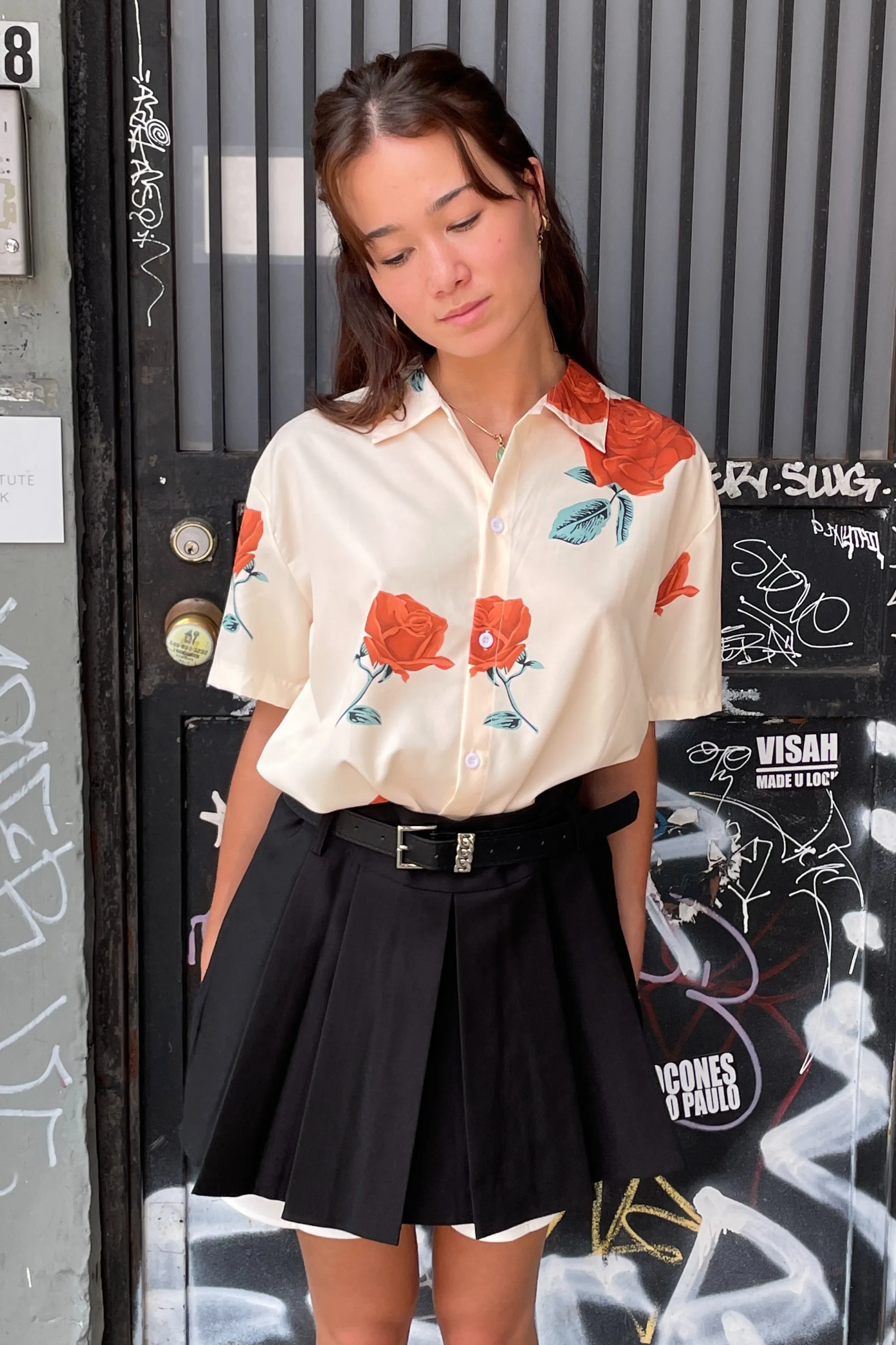 Silk Printed White Red Floral Button-Down Top