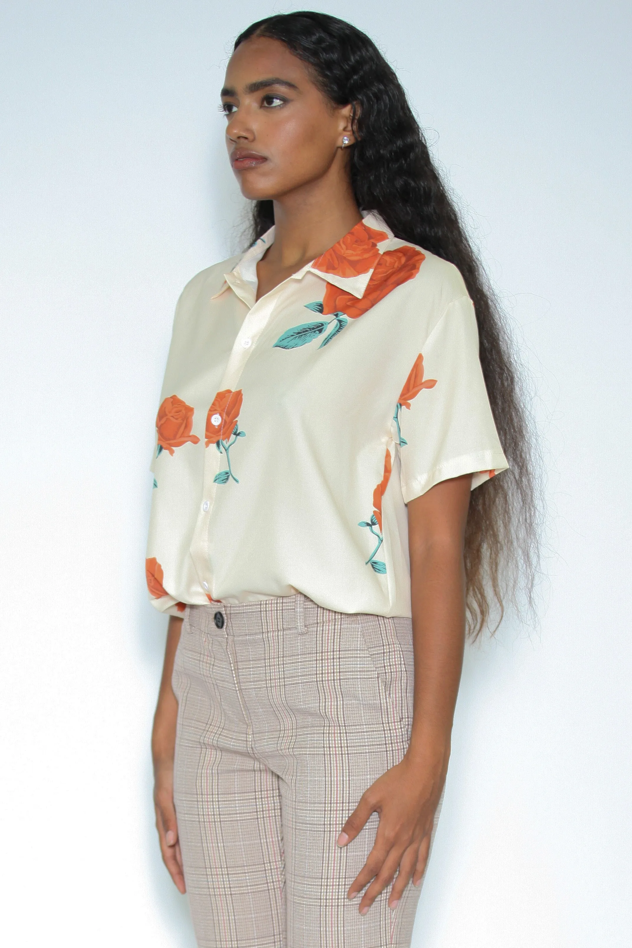 Silk Printed White Red Floral Button-Down Top