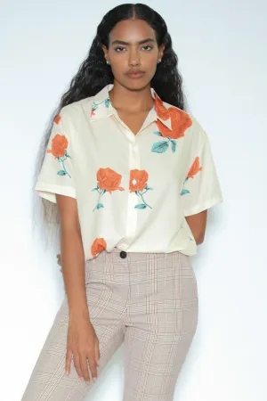 Silk Printed White Red Floral Button-Down Top