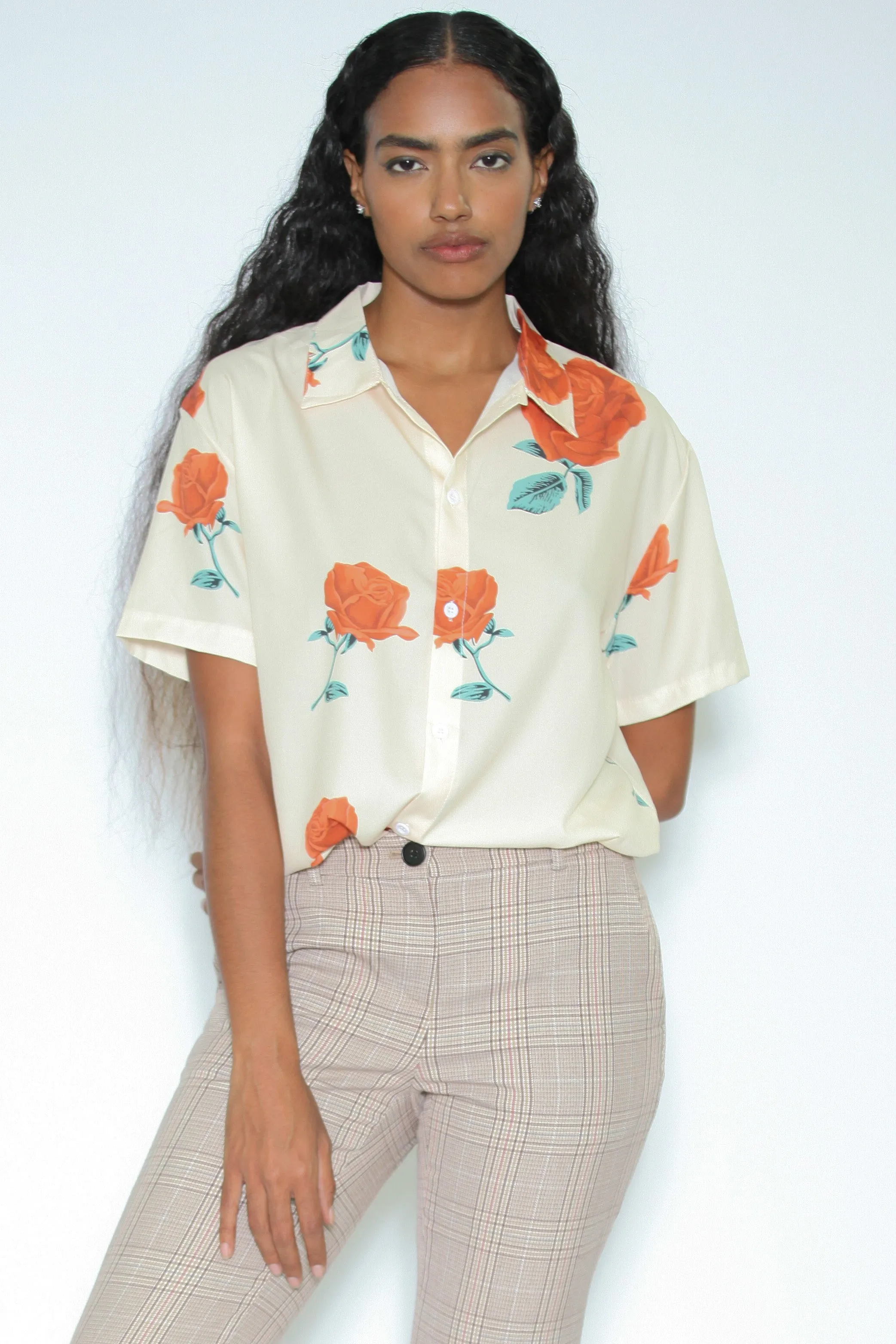 Silk Printed White Red Floral Button-Down Top