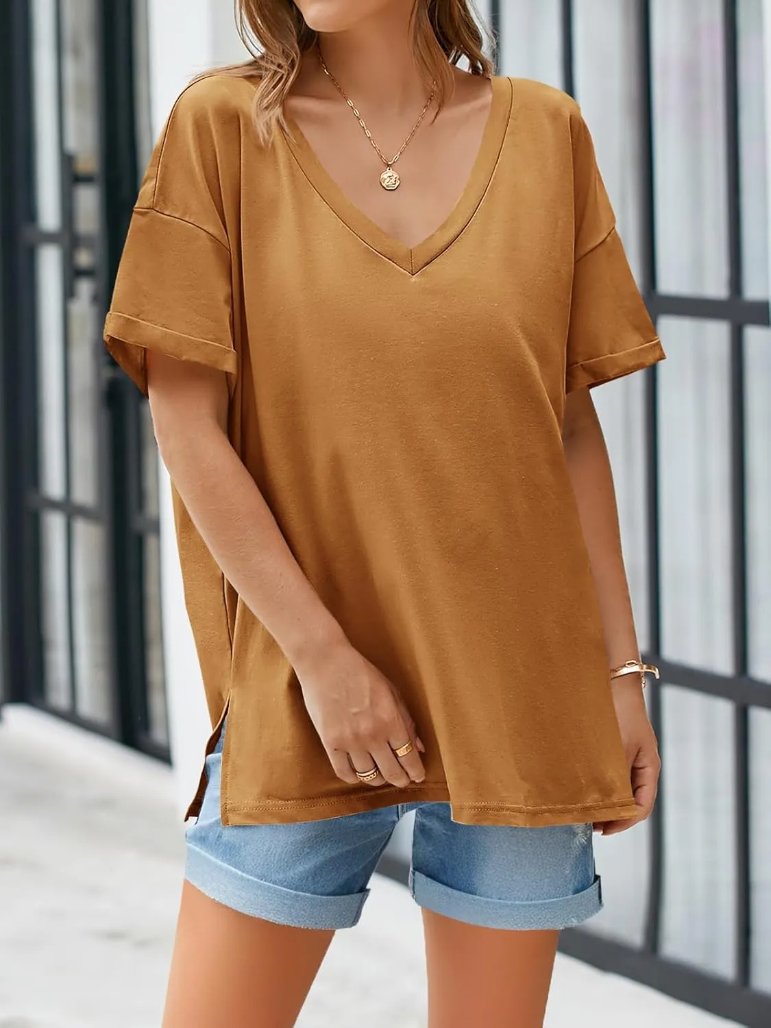 Tankaneo Womens Oversized Tshirts V Neck Short Sleeve Tops Summer Casual Loose Fit Tunic Tee Shirts