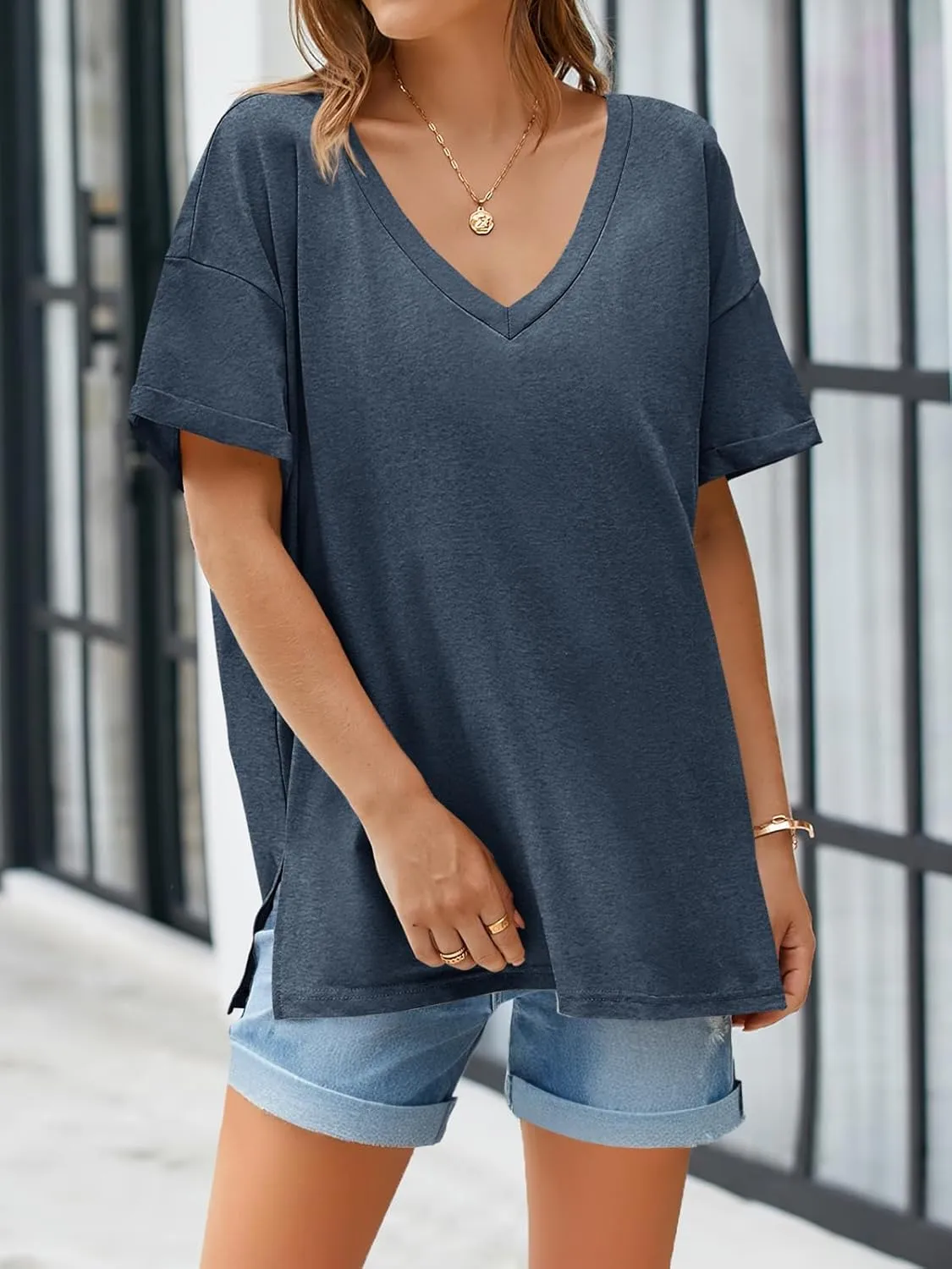 Tankaneo Womens Oversized Tshirts V Neck Short Sleeve Tops Summer Casual Loose Fit Tunic Tee Shirts