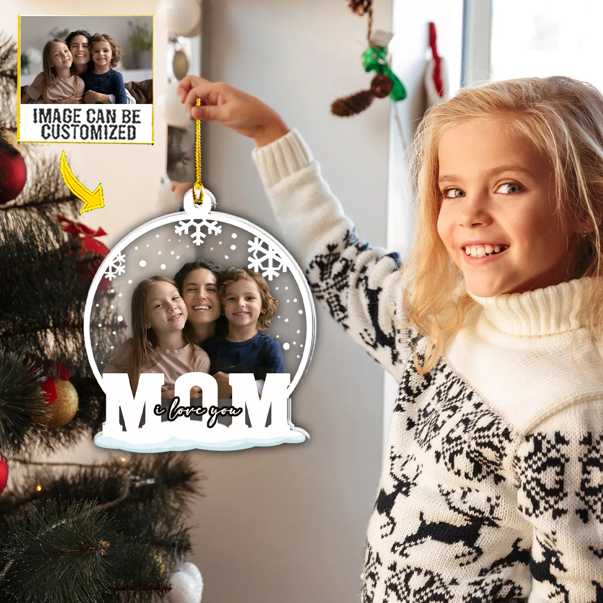 Teesdily | Customized Mom Christmas Car Pendant Hanging Mom I Love You Rearview Mirror Charms Xmas Snowflake Print Christmas Tree Hanging Decoration