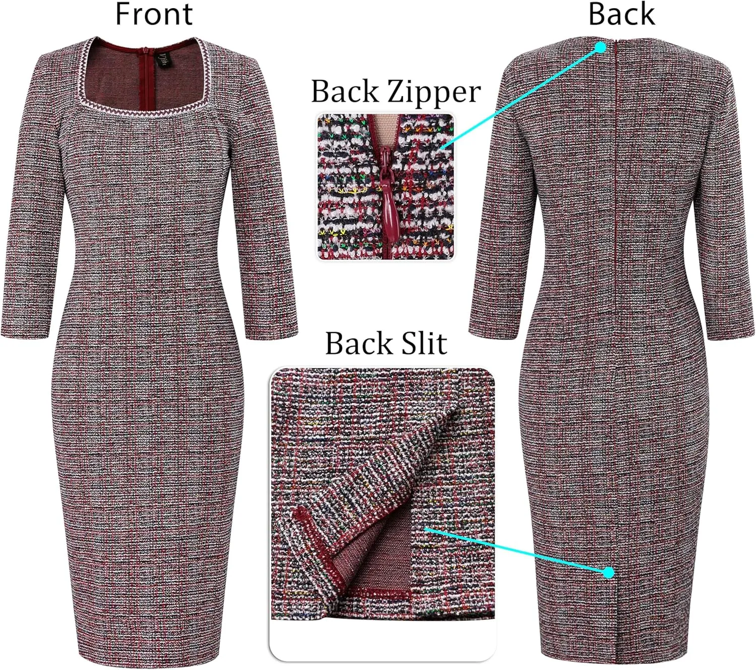 VFSHOW Womens Work Business Square Neck Bodycon Dress Office Retro Elegant Slim Fitted Pencil Sheath Dress