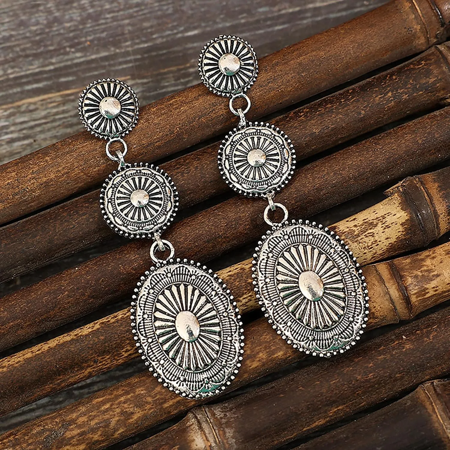 Vintage Western Earrings for Women, Silver Concho Cowgirl Earrings, Country Jewelry for Woman
