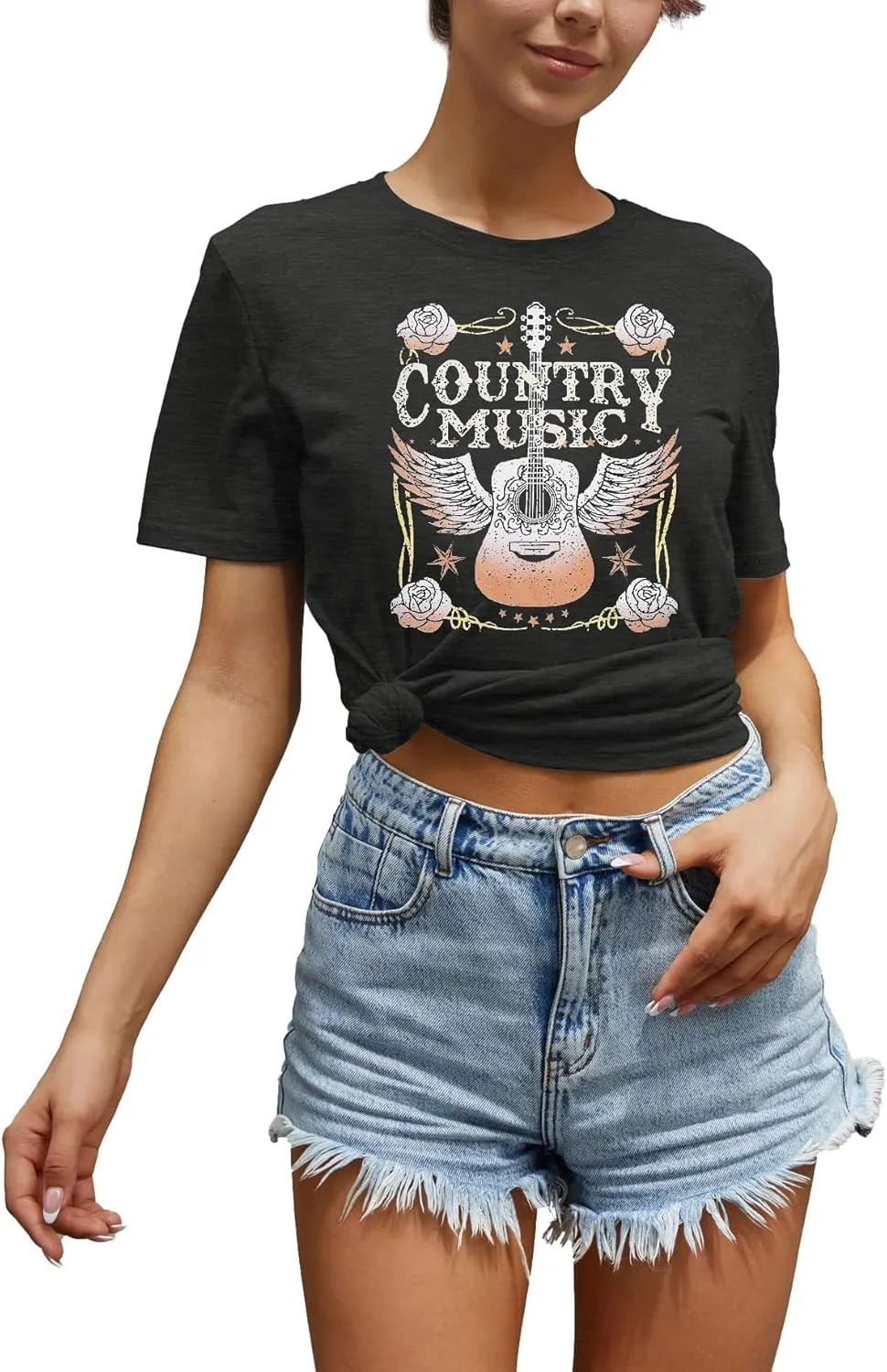 Women's Country Music Tshirt Vintage Concert Graphics Shirts Rock Band Tees Round Neck Short Sleeved Tops