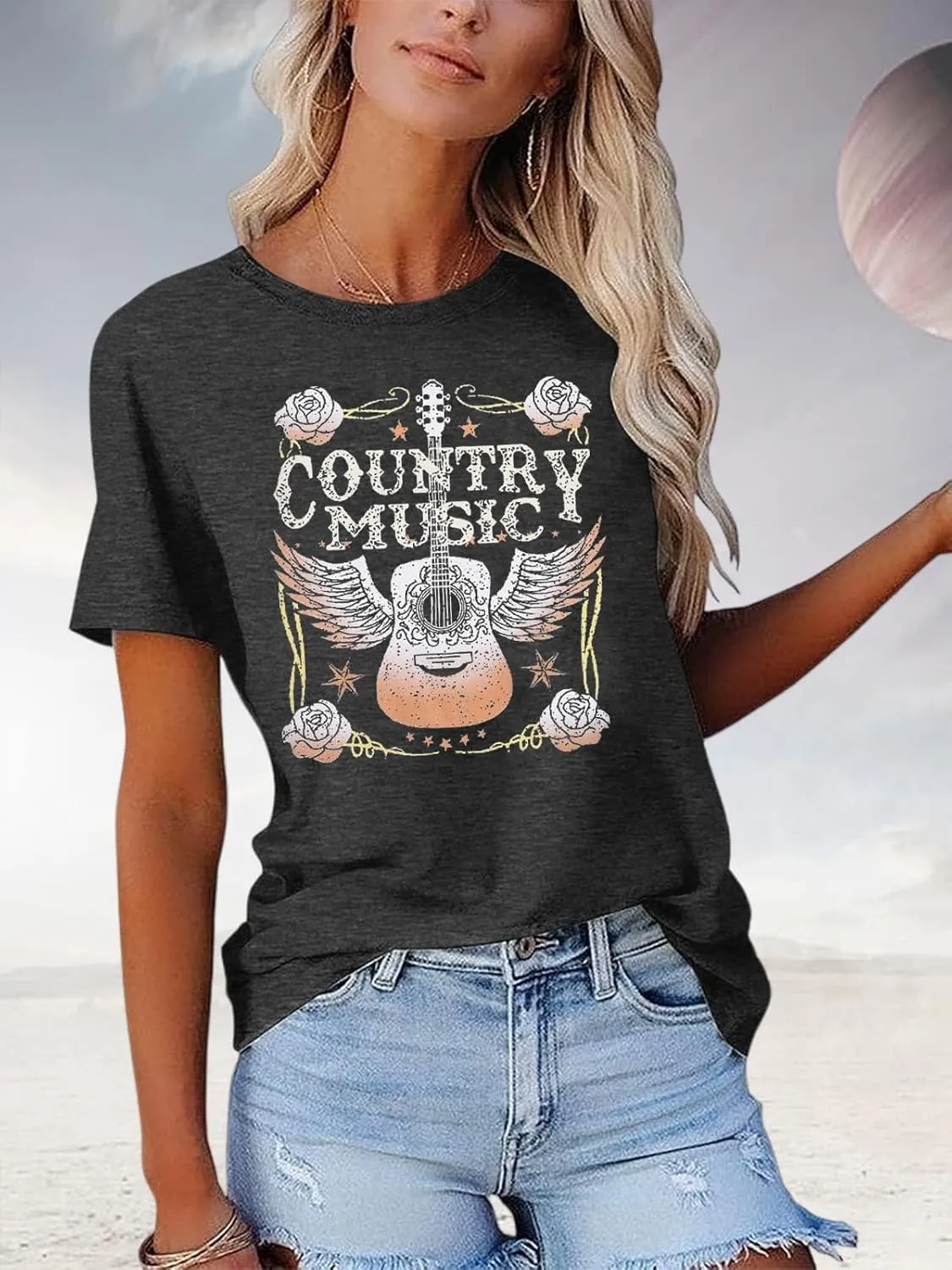 Women's Country Music Tshirt Vintage Concert Graphics Shirts Rock Band Tees Round Neck Short Sleeved Tops
